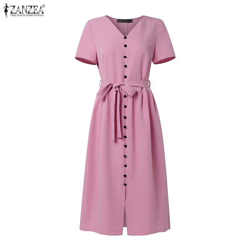 ZANZEA Rochie Casual de Vară cu Mânecă Scurtă și Gât în V pentru Femei, Culoare Solidă