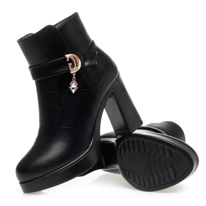 Women's High Heel Winter Boots - Waterproof Leather, Thick Platform, Plus Velvet Fashion Design