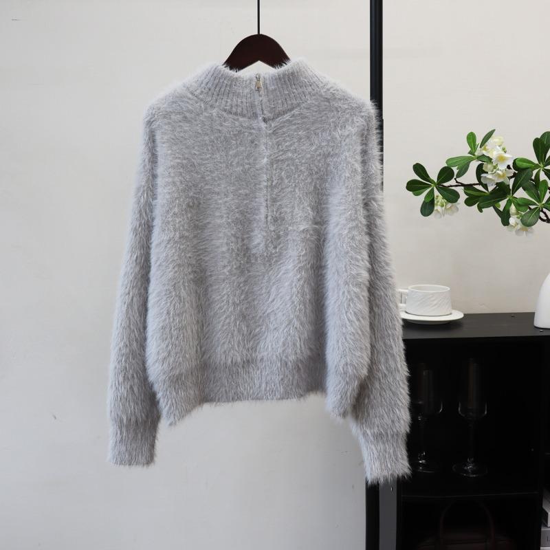 

Трикотажный свитер с полумолнией из искусственного норкового флиса, топ, осень и зима, новый свободный мягкий ворсистый свитер-пуловер для женщин One size серый