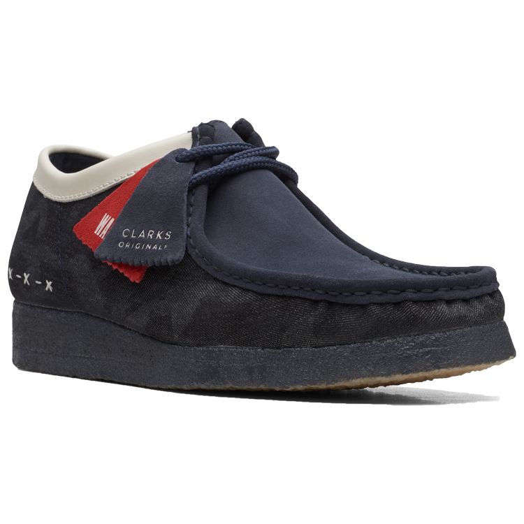 Clarks Wallabee Oak Pelle Pieno Fiore Punta Tonda Scarpe Casual Uomo sneakers Blu Denim 261688437