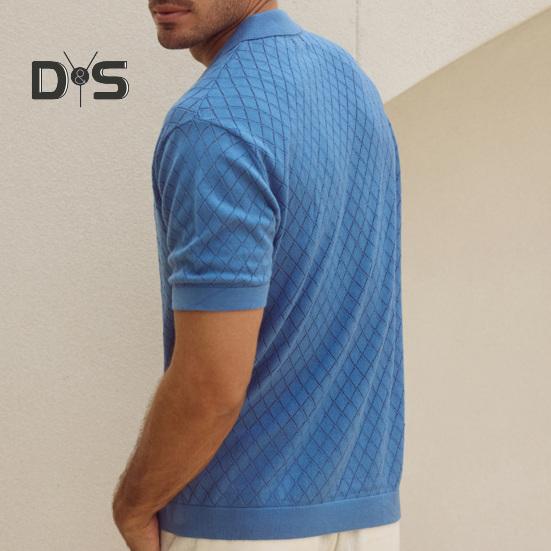 Herren-Jacquard-Strickhemd, kurzärmelig, Button-Down-Oberteil mit kubanischem Kragen, Rautengittermuster, Freizeithemd für den Alltag, Partys, Reisen