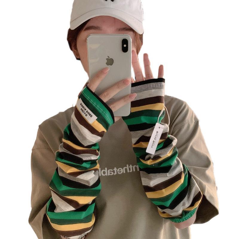 UV Protection Striped Cotton Arm Sleeves: Breathable, Loose, Long Gloves for Driving & Cycling