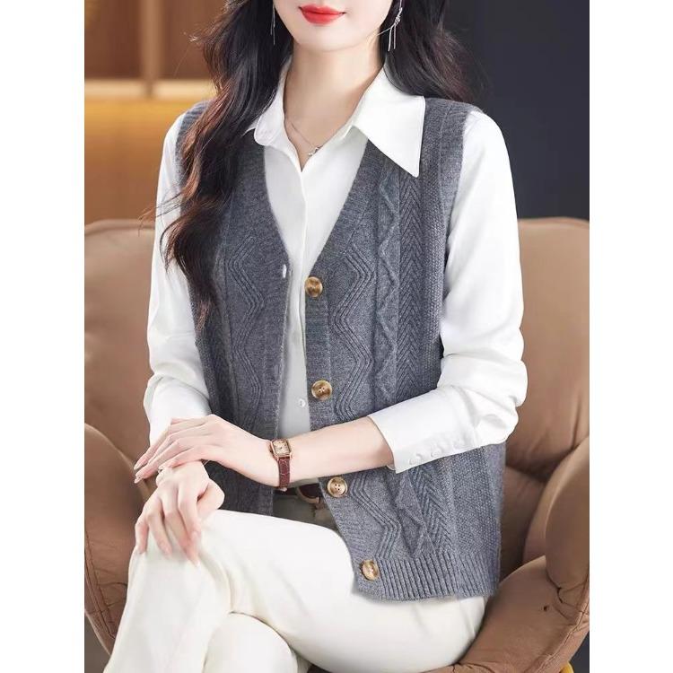Women's Vest Autumn and Winter New V-neck Cardigan Sleeveless Solid Color Sweater Vest Loose Knitted Vest Mother's
