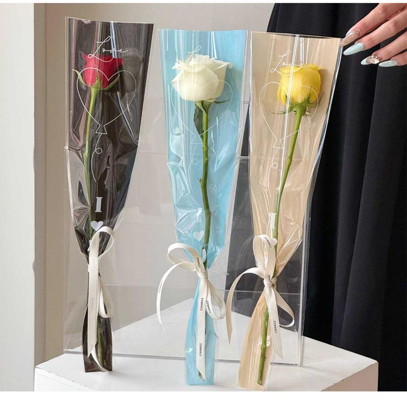 50 Adet Tek Gül Kol Çiçek Paketleme Çantası Buket Paketleme Çantaları Sevgililer Günü İçin Şeffaf Selofan Çiçek Paketleme Çantaları