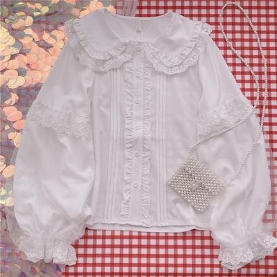 Women White Blouse Long Sleeve Sweet Top Elegant Kawaii Clothes Preppy Style Blouses Cute Peter Pan Collar Lolita Shirt Lace Splicing Shirts