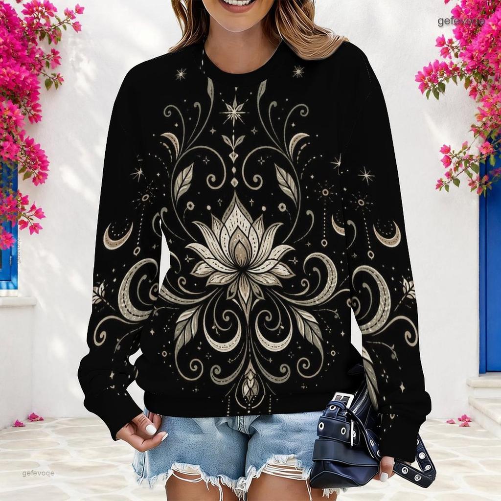 Women Plus Size Round Neck Long Sleeve Boho Printed Pullover Sweatshirt