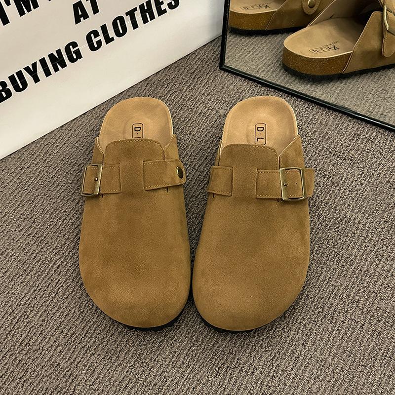 Non-slip bag head half slippers women's suede retro flat-soled single shoes versatile outer wear new spring and autumn season