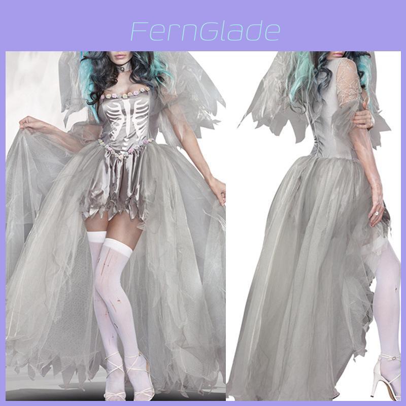 Enchanting Witch White Mesh Wedding Dress Set For Ghost Bride Carnival Costume