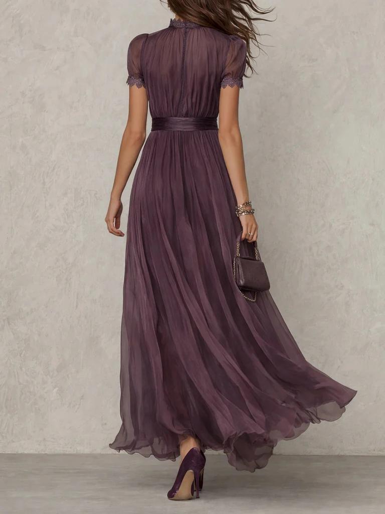 New Style Purple Gradient Long Dress with High Neck Lace Patchwork Flowy Chiffon Evening Gown