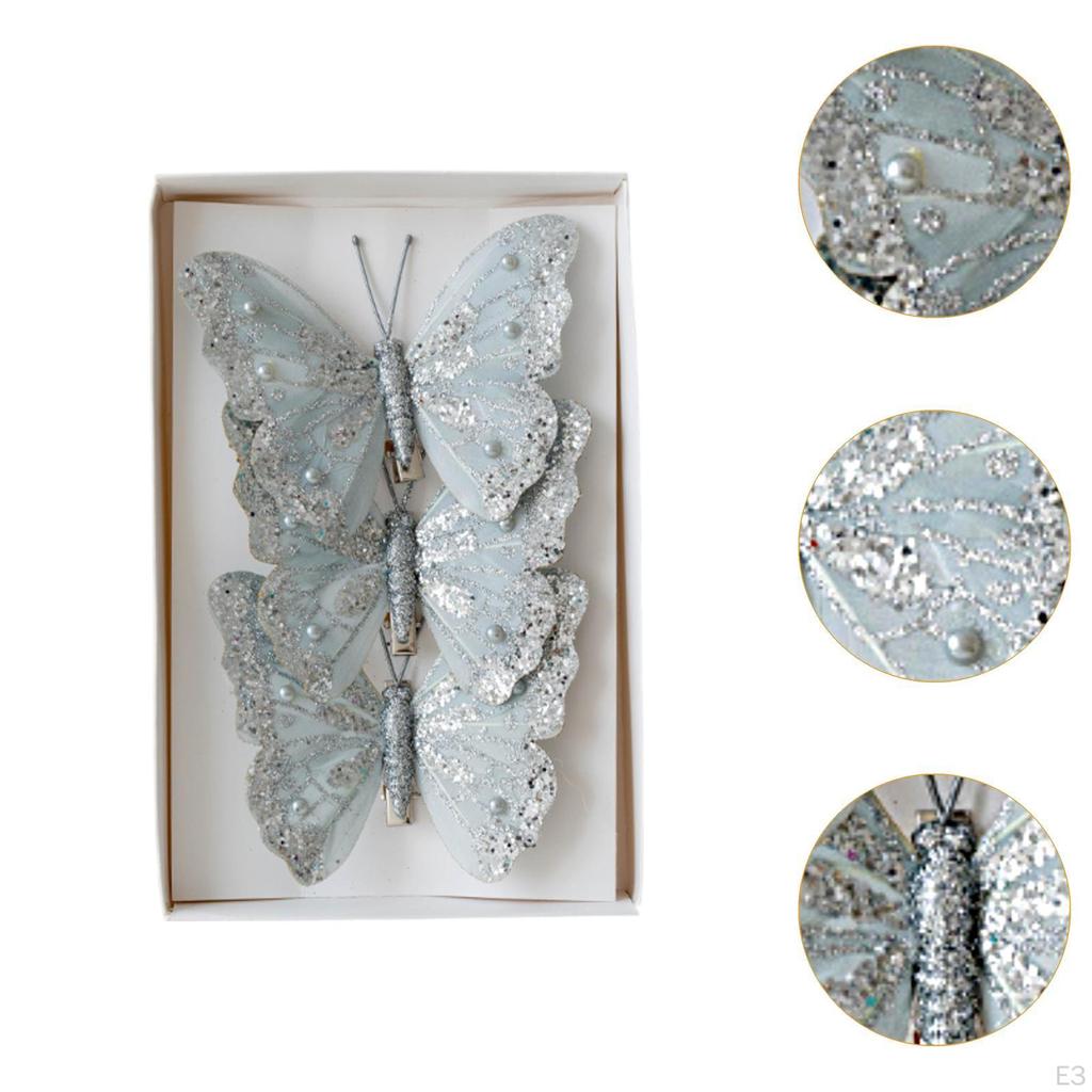 3Pcs Butterfly Christmas Tree Decorations Glitter Butterflies Bedroom Office Hanging for