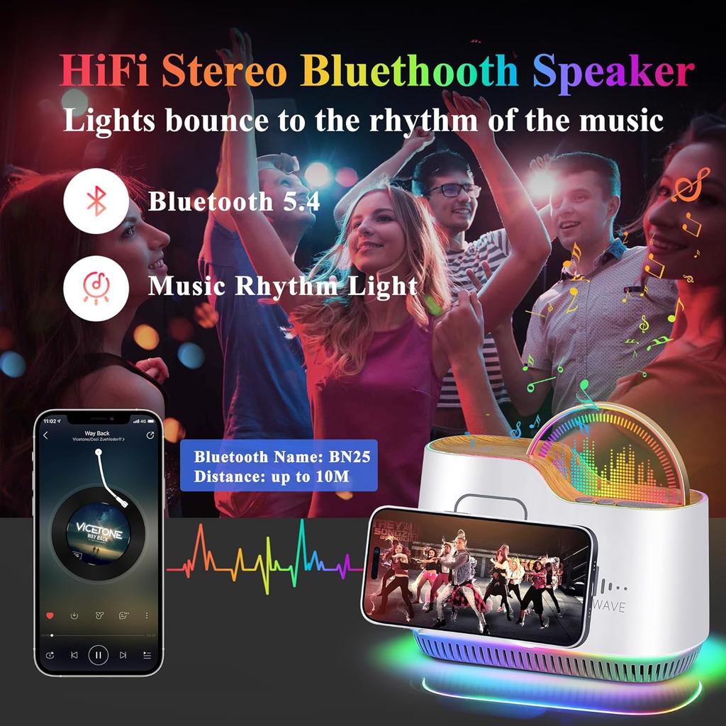 Night Light Bluetooth Speaker with Lights, 15W Wireless Charger Stand Phone Holder,Rechargeable LED Music Lamp Touch Control Color Changing Lights,