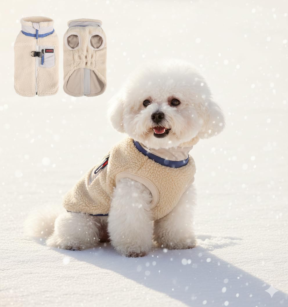 

Флісовий жилет для собаки із задньою блискавкою та D-кільцем – М яка тепла куртка для домашнього улюбленця для зимових прогулянок, Легкий терможилет для собак малих та середніх порід M бежевий