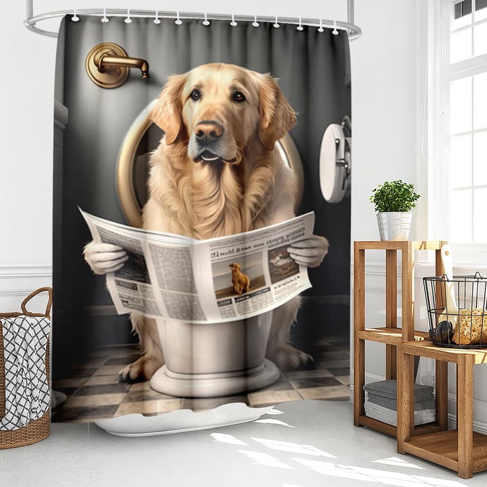 Humorous Doberman Toilet Shower Curtain, Doberman Pcher Reading Newspaper On Toilet, Waterproof Fabric Bath Curtain