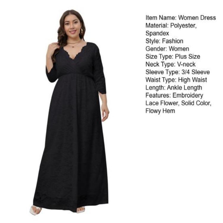 Plus Size Women Maxi Dress High Waist V Neck 3 4 Sleeve Long Dress Lace Flower Embroidery Wedding Vacation Dress