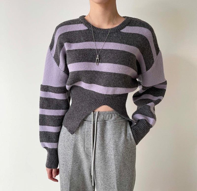 

Осень новая мода круглый вырез полосатая талия нишевый дизайн омолаживающий теплый вязаный свитер женский топ тренд One size серый