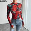 Women's Fashion Casual Spring Autumn Flower Pattern Print Long Sleeve Half Turtleneck Blouses & Shirts
