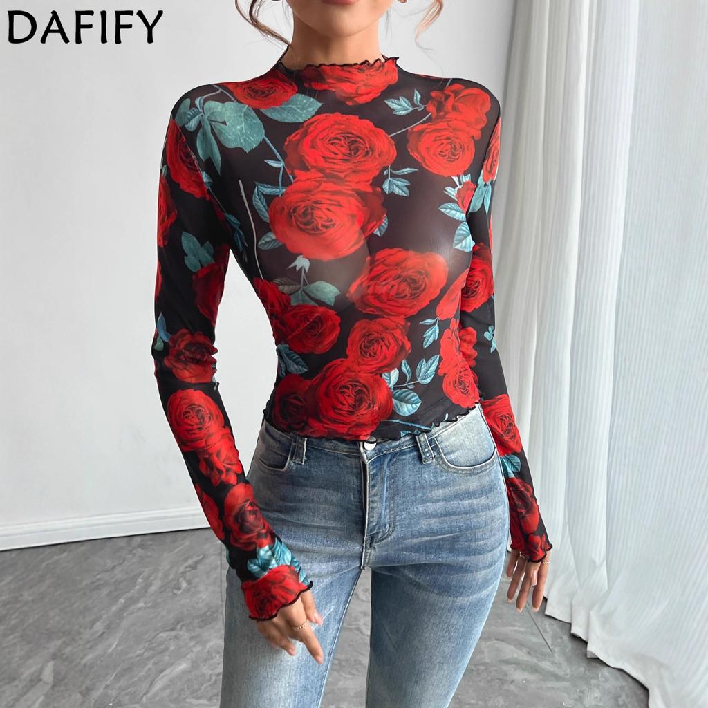 DAFIFY Women's Fashion Casual Spring Autumn Flower Pattern Print Long Sleeve Half Turtleneck Blouses & Shirts