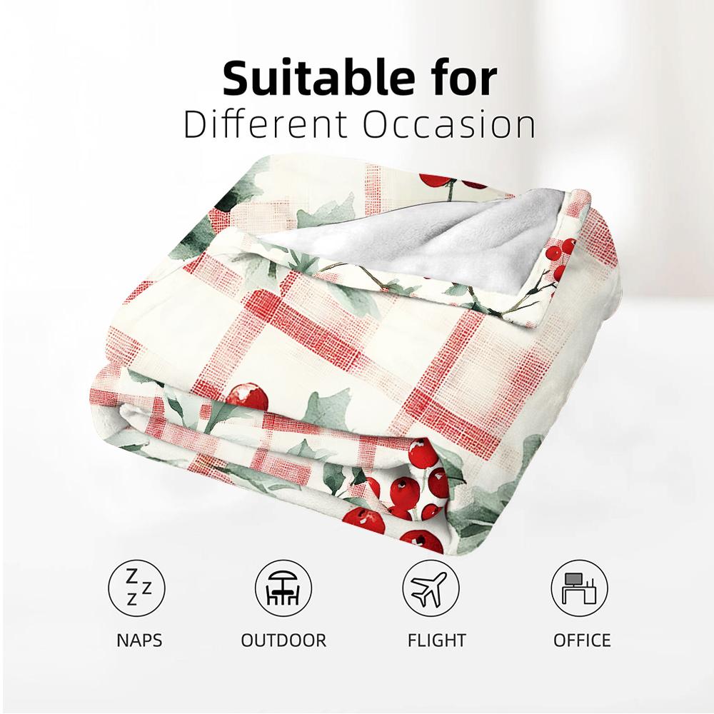 Red Gingham Holly Berry Anime Cartoon Flannel Blanket Soft Warm Throw for Bedroom Sofa Car Kids Holiday Gift