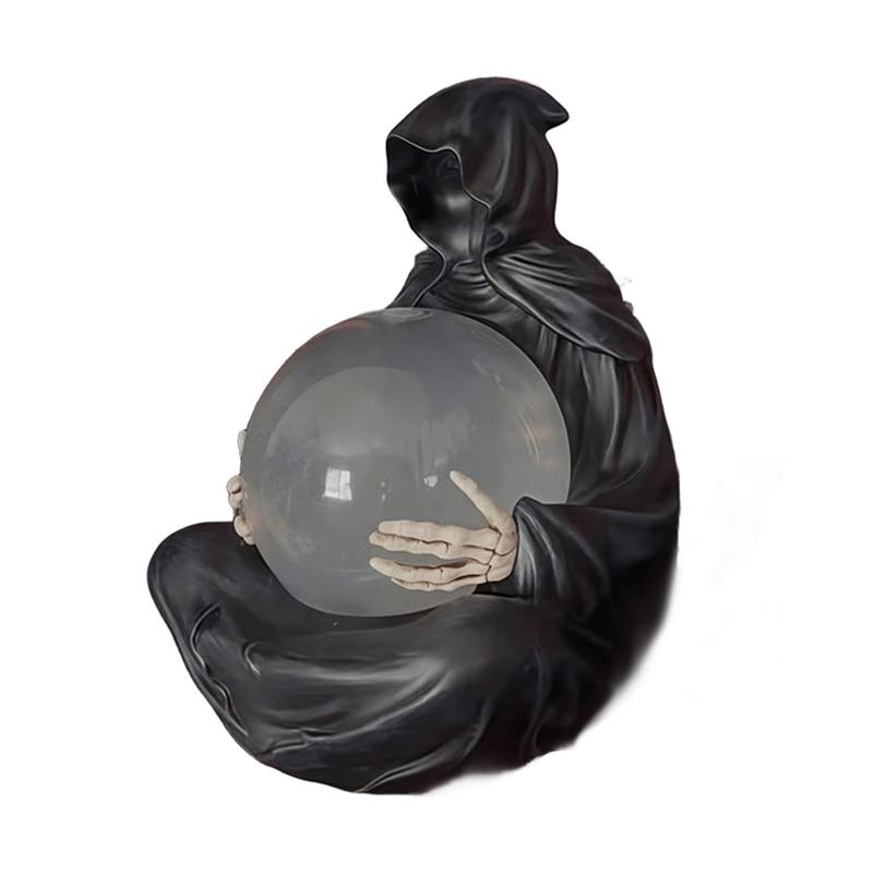 A27F-Grim Reaper Statue LED Light Water Globe With Flying Bats Crystal Ball, For Magical Vibes Halloween Decor