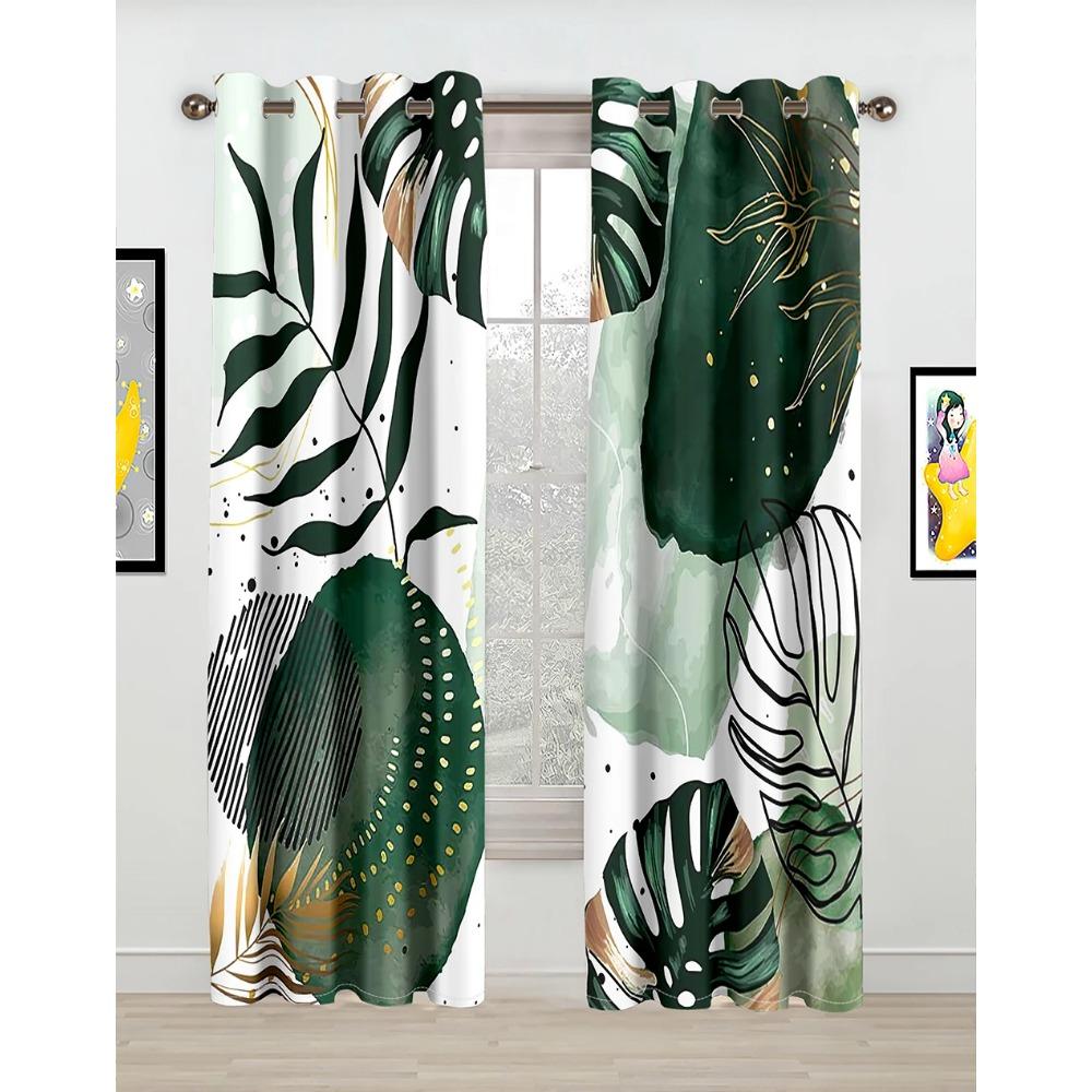 2pcs Tropical Leaf Curtain Green And White Plant Palm Summer Hawaiian Watercolor Plant Banana Tree Natural Print Curtain Bedroom
