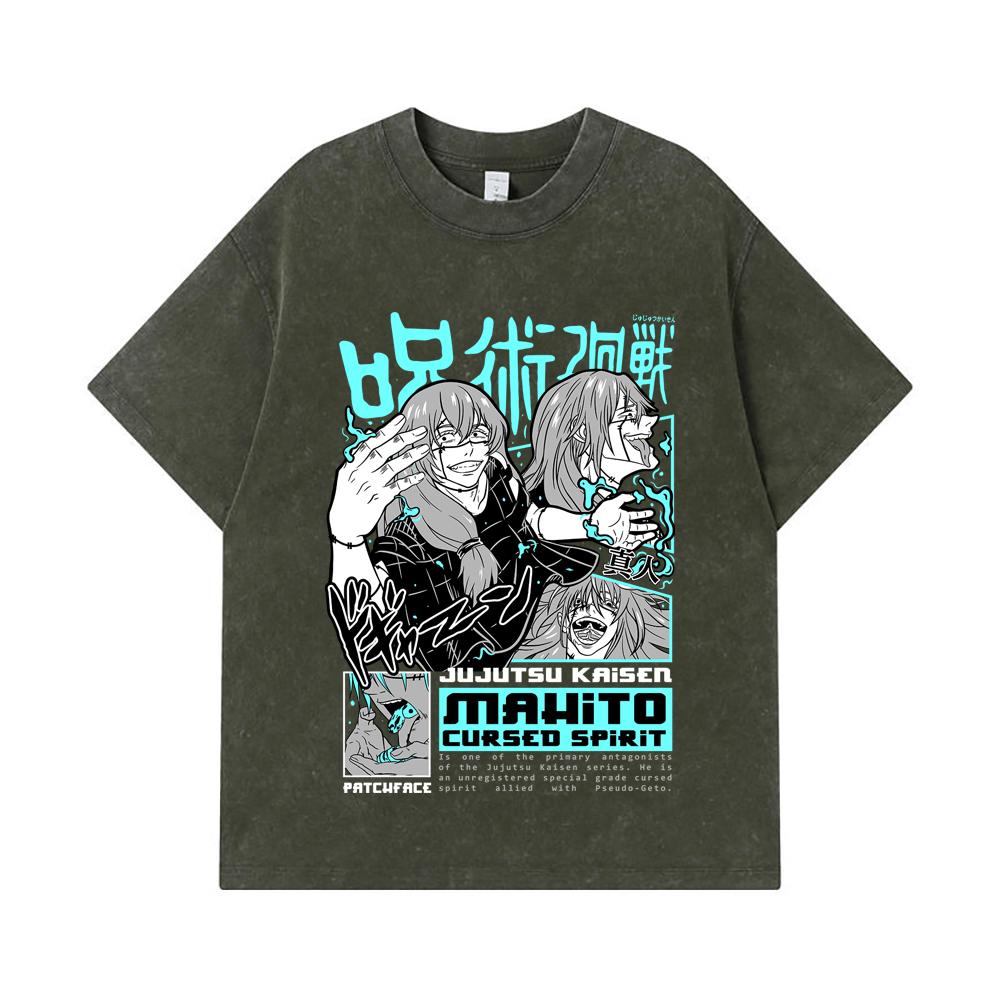 

Стиранные футболки 275 г/м² 100% Хлопок Jujutsu Kaisen V63 Принт Махито Унисекс Плотная хлопковая футболка S армия зеленый