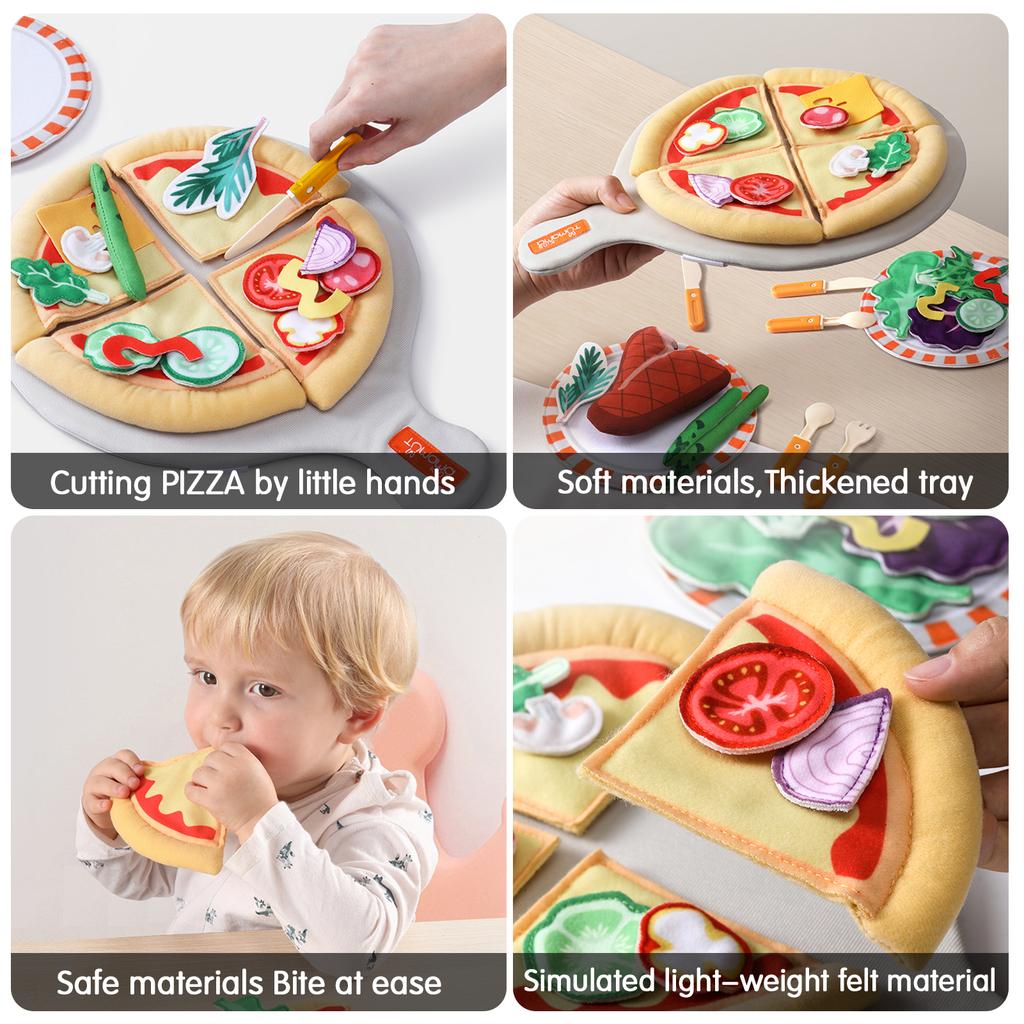 Pretend Play Food Set 31 Piece Felt Play Cutting Pizza Toys DIY Pizza Kits with Beef Steak Vegetables Dinnerware Plates Accessories Kitchen Toy Chef
