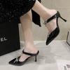 Fashion 2025 New Sexy Hollow Shoes High Heels Women's Shoes Shallow Cut Pointy Rhinestone Bow Belt Sandals Stripper Fallow Woman Pumps
