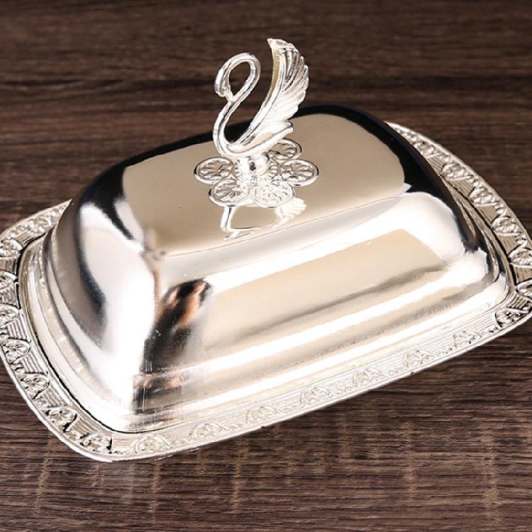 Dining Table Serving Dish with Matching Metal Cover and Decorative Border for Fruit, Pastries, Butter and Family Meals