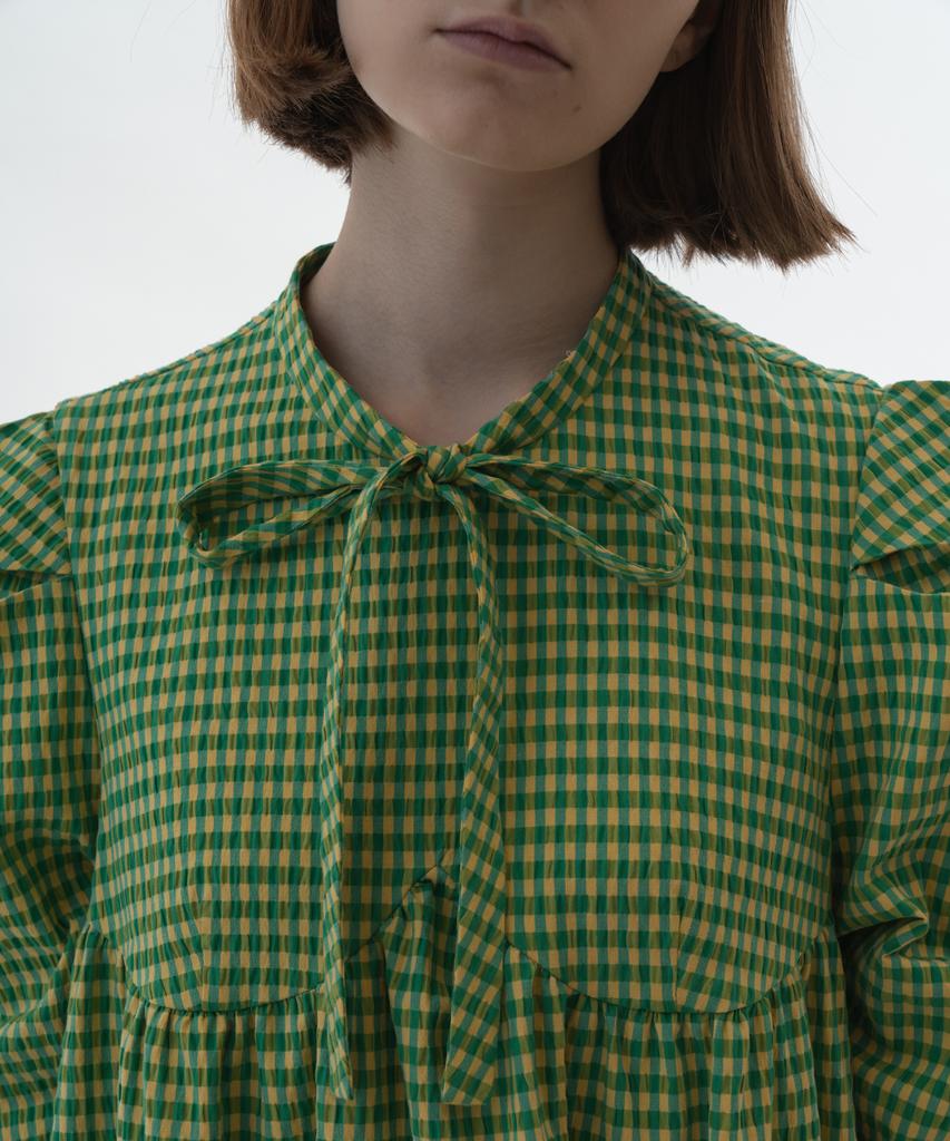 Biscuit Shop Check Pattern Shirred Ribbon Dress