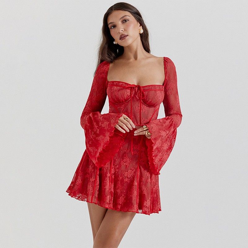 

Ins Self-Tie Lace Print Long Sleeve Dress Chest Wrap Red L
