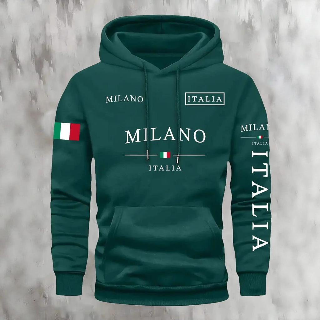 Men's Flag & Letter Hoodie - Fleece Lined Autumn/Winter Trendy Pullover