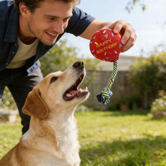 Pet Toy Chew-Resistant Interactive Sound Maker Birthday Balloon Plush Ball Toy Medium Large Dogs Party Decor