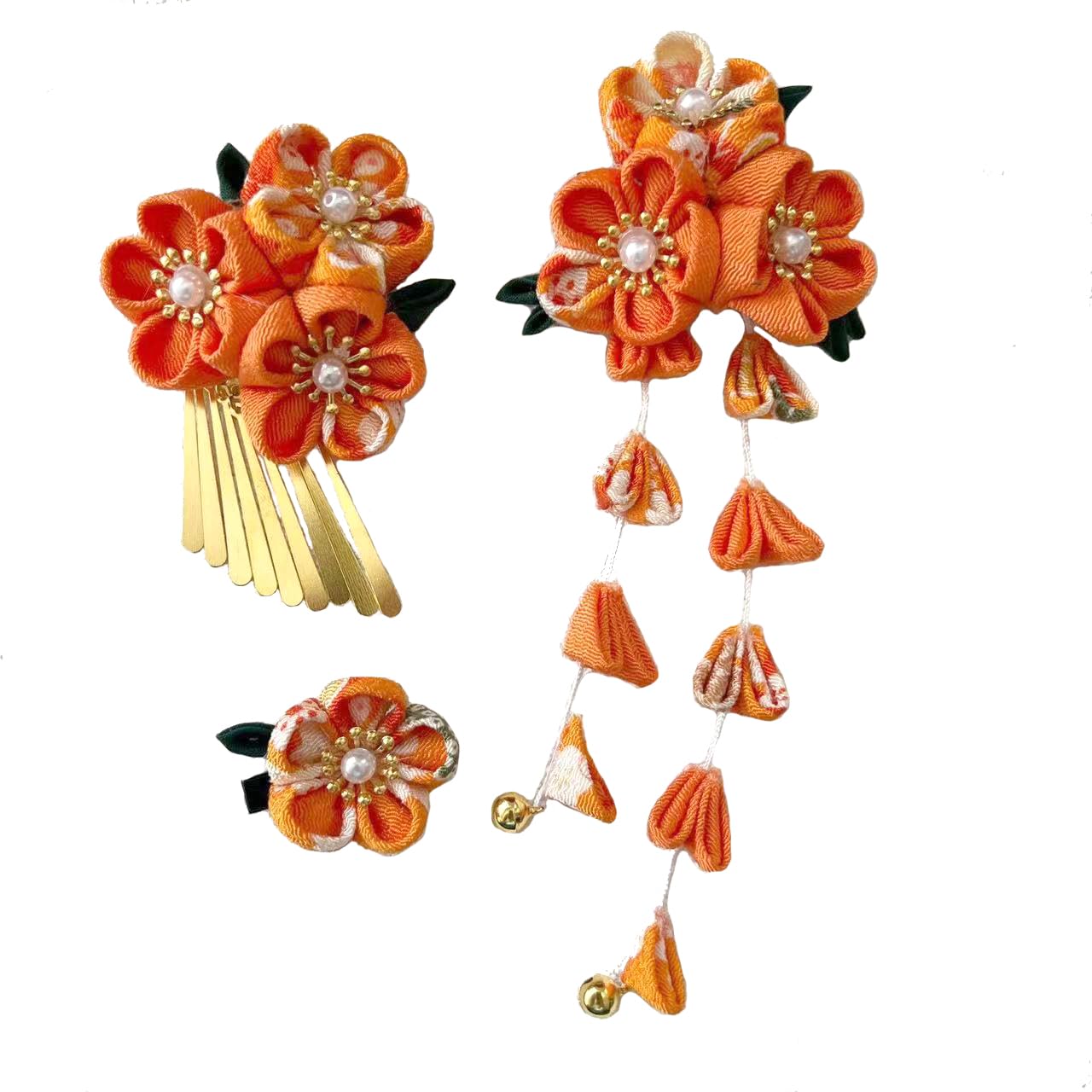 

украшение для волос, идеально подходящее для Нового года и украшенное цветами и колокольчиками, набор из 3 предметов в японском стиле, для церемоний совершеннолетия, юкаты, детского праздника Сити-Го-Сан,