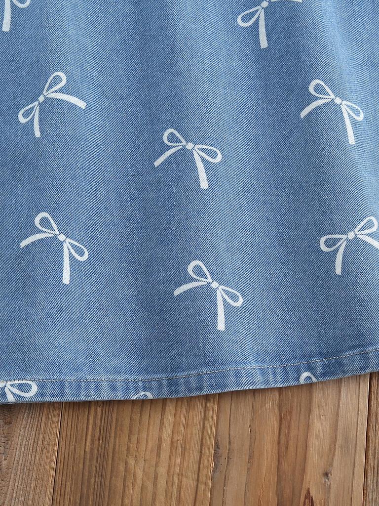 Single-piece Girls' Everyday Casual Summer Dress with Bow Print, Round Neck, Ruffled Trim, Cute and Versatile Sleeveless Denim Dress.