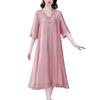 Robe Printemps et Été Col en V Style Chinois Manches Trois-Quarts Grande Taille Ample Brodée Robe Mère