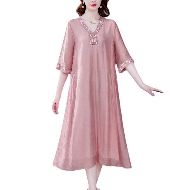 Robe Printemps et Été Col en V Style Chinois Manches Trois-Quarts Grande Taille Ample Brodée Robe Mère