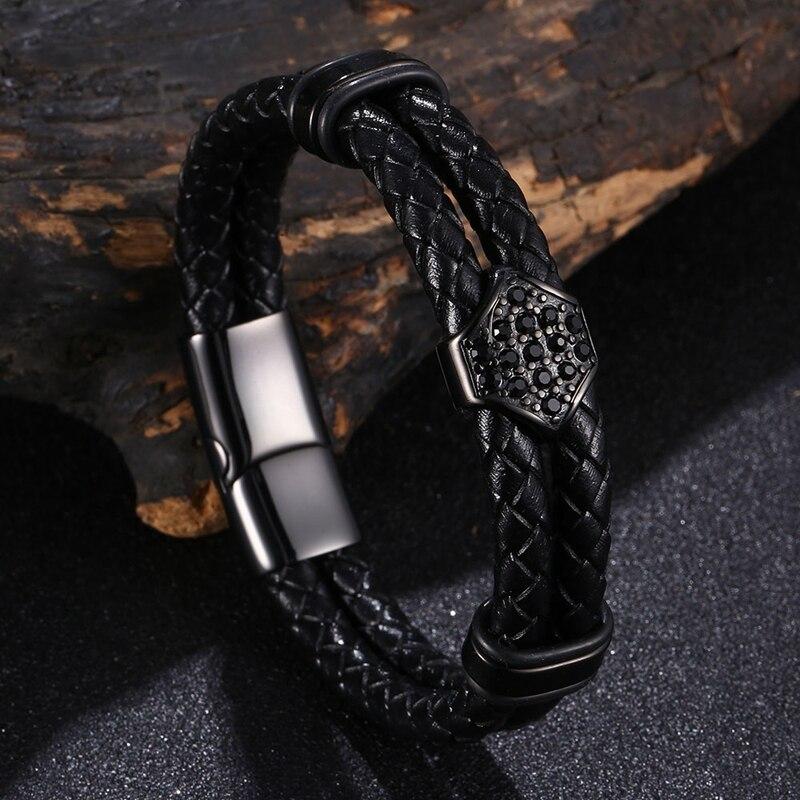 Fashion Style Men Hand-Woven Leather Bracelet Black Metal Buckle Men's Wristband Gift