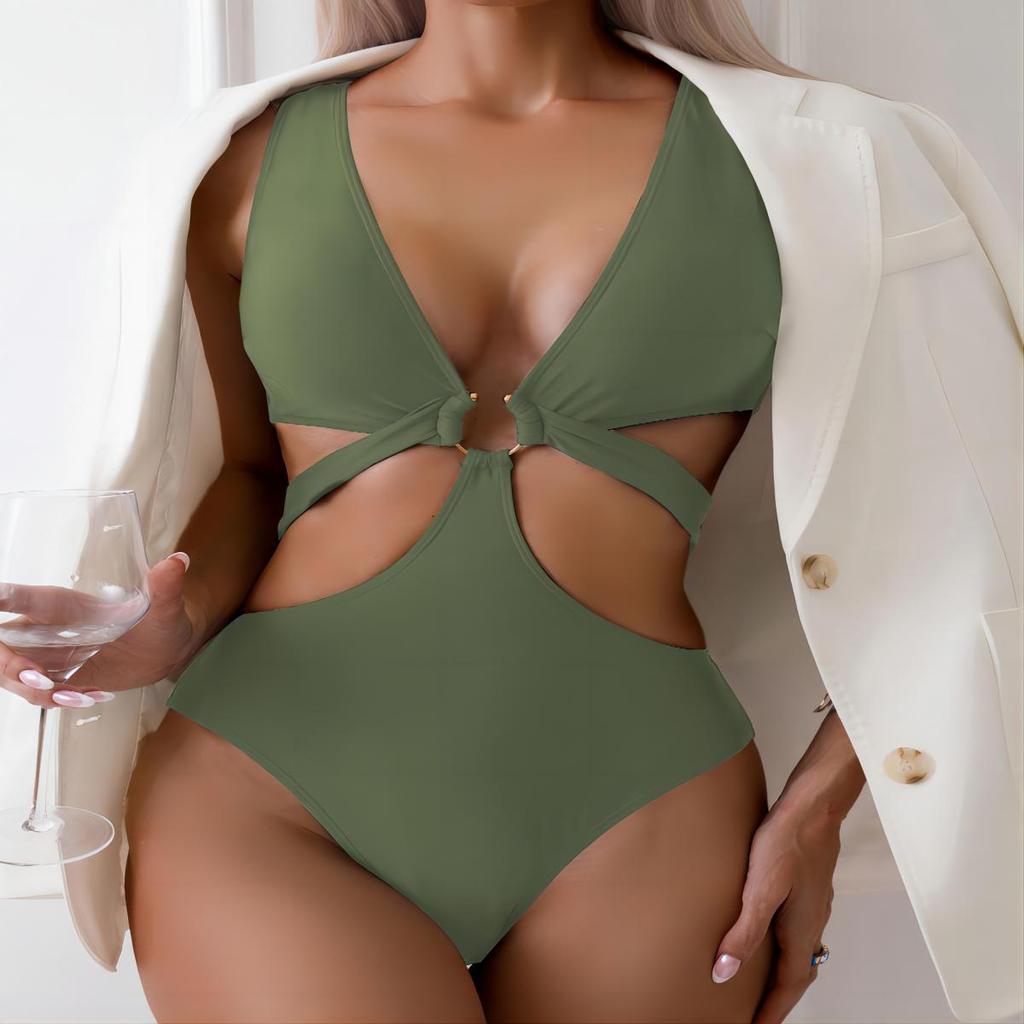 Sexy V-Ausschnitt Hohl Push Up Bademode Hohe Taille Neckholder Badeanzug Für Frauen Rückenfrei Gebunden Einteiliger Badeanzug