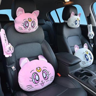 Nový kreslený vankúš na opierku hlavy Roztomilý auto Luna mačka hlava plyšový vankúš na krk Vankúš na opierku hlavy autosedačky Kawaii auto doplnky pre dievčatá
