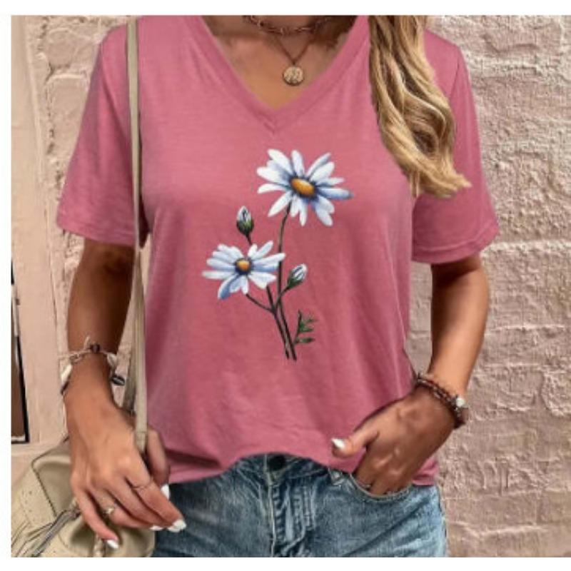 

Летний топ с V-образным вырезом и 3D-цветочным принтом, модные повседневные женские футболки с короткими рукавами XS