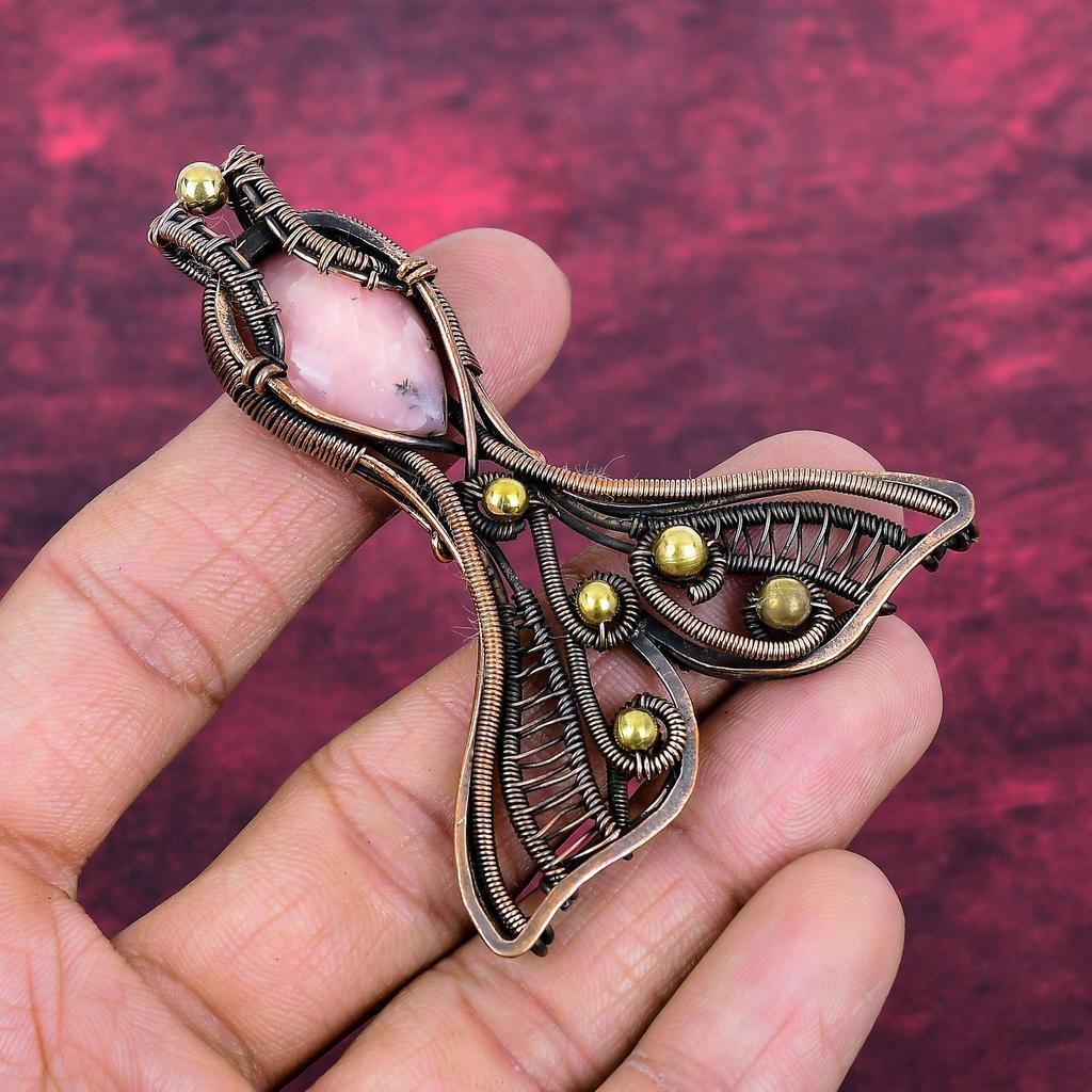 Pink Opal Gemstone Pendant Handmade Fish Jewelry Copper Wire Wrapped Pendant