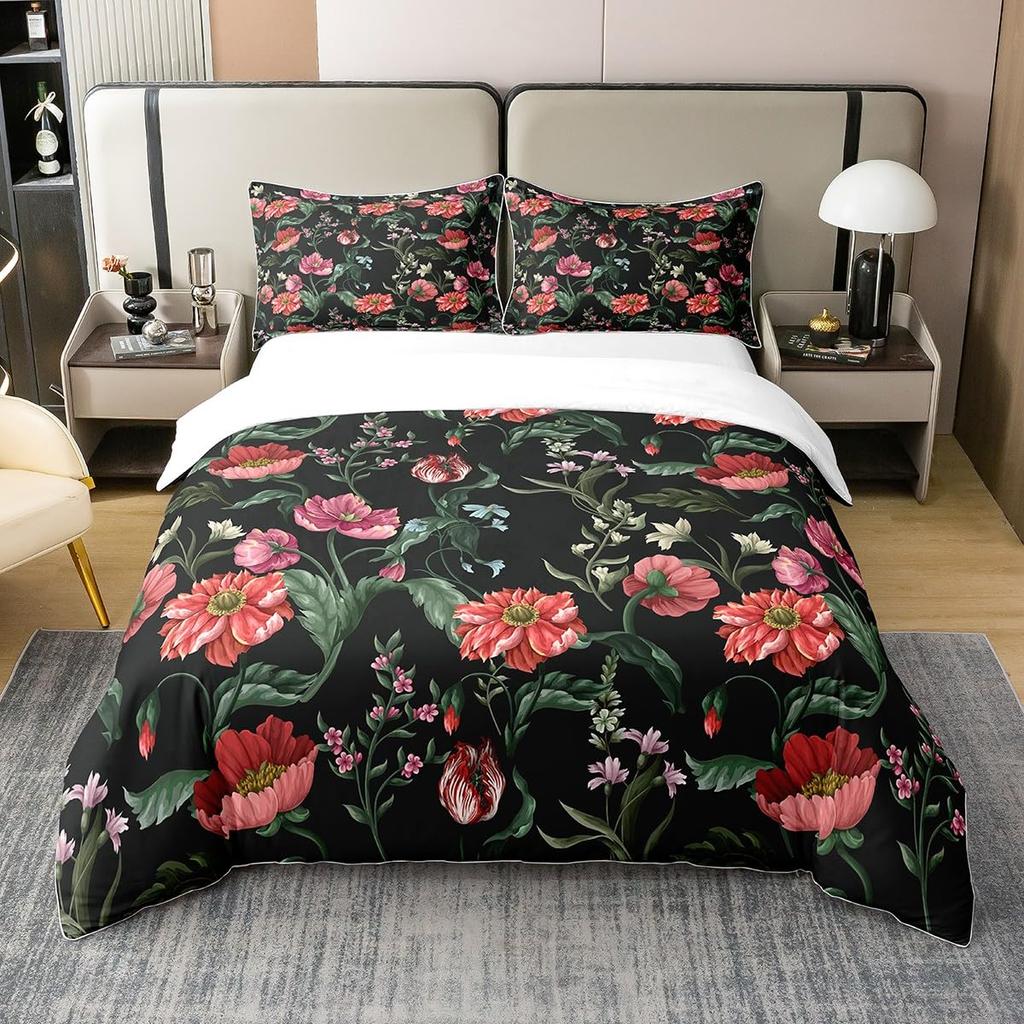 Flower Duvet Cover Set, Little Red Spring Summer Time Garden Florals Poppy Decorative 3 Piece Bedding Set with 2 Pillow Shams