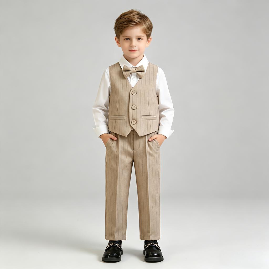 Boys Pinstripe Waistcoat 4 Piece Gentleman Suit White Shirt Bow Straight Pants Kids Wedding Flower Boy Birthday Photo Children Formal Outfit Set