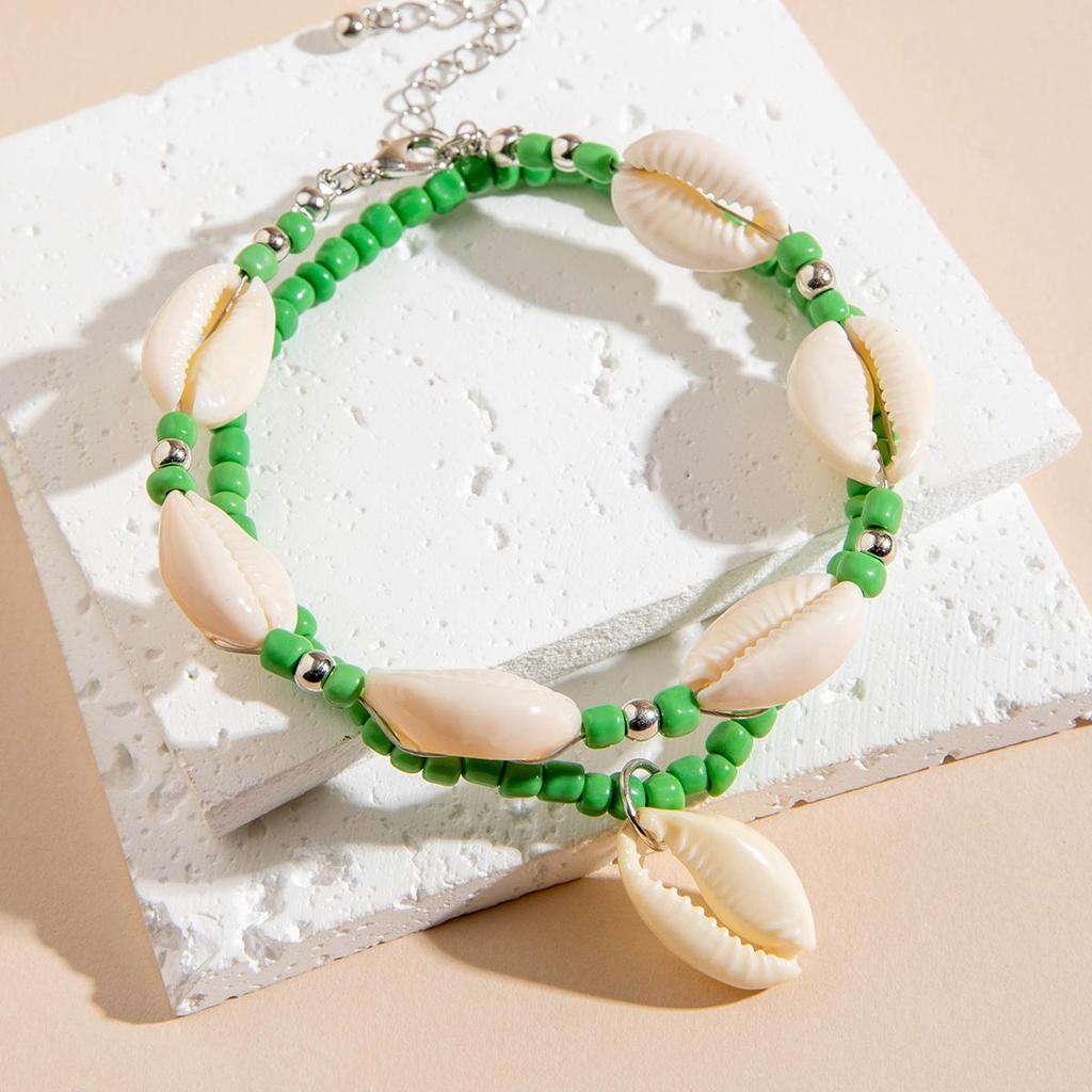 2pcs Fashionable and Simple Bohemian Beach Shell Rice Bead Foot Chain Women's Jewelry Colorful Foot Chain Accessories