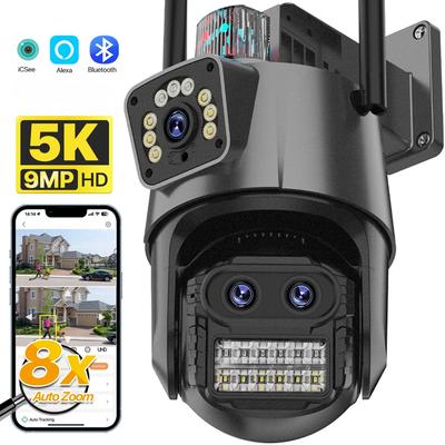 2025 5K HD EU WIFI IP Camera 9MP 8X Hybrid Zoom Auto Tracking PTZ Camera Outdoor Three Lens Dual Screen Security Cam 4K Surveillance