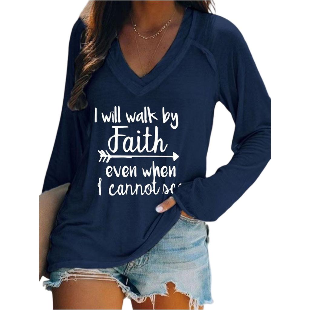 Women's Casual V-Neck Long-Sleeve Printed Letter Sweatshirt