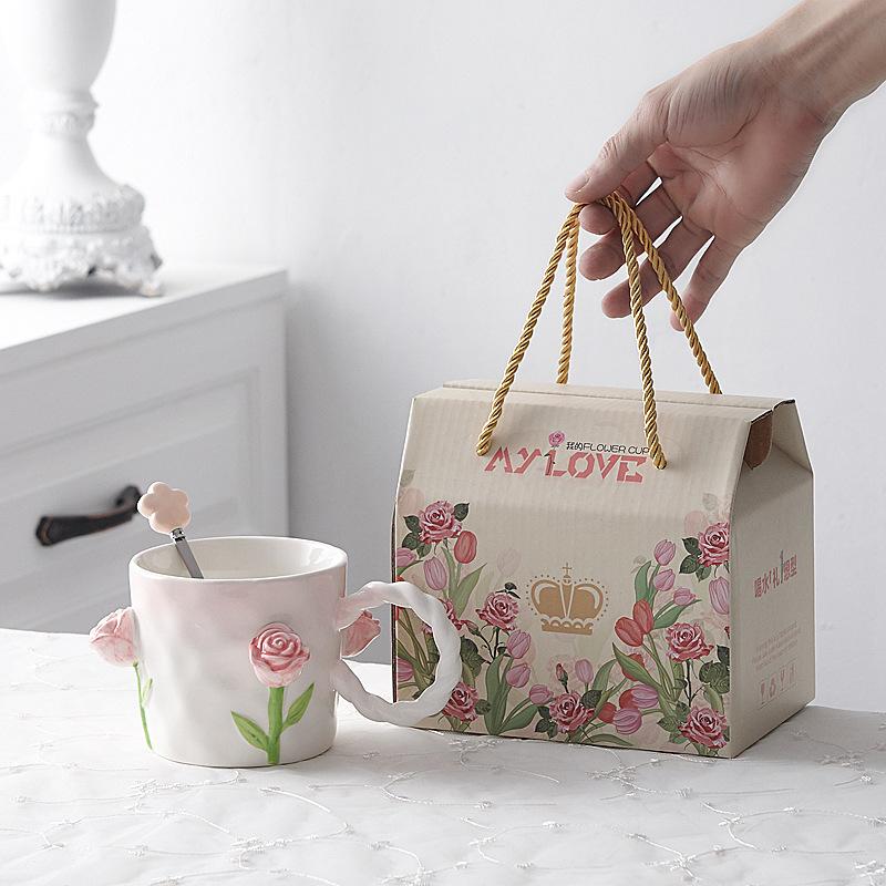 Tulip Hand-Painted Rose Cup Three-Dimensional Floating Flower Feeling Girlfriend Mug Ceramic Cup Souvenir Relief