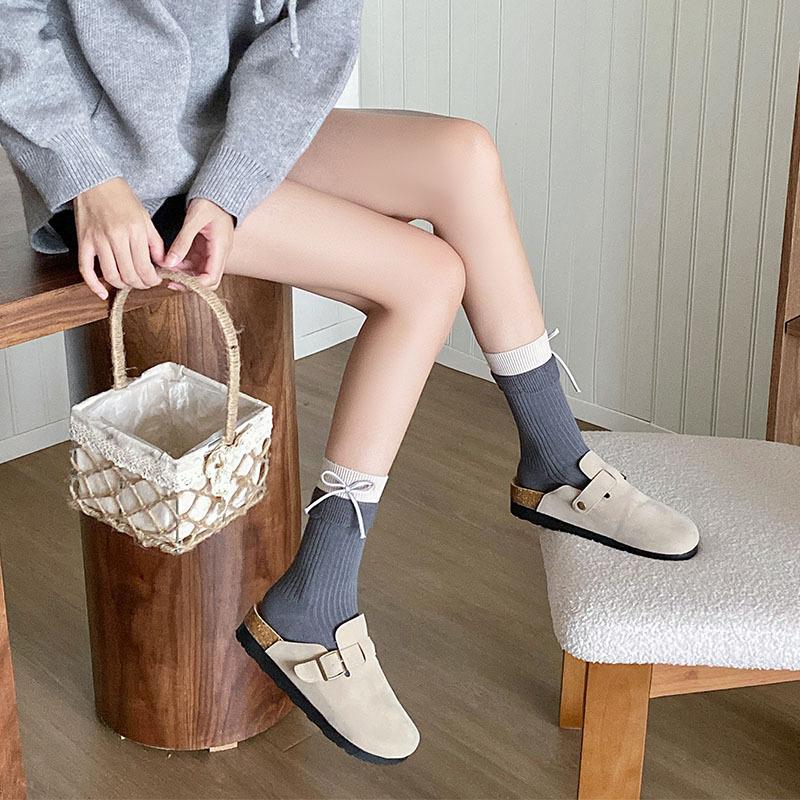 Japanese Sweet Ballet-Style Bow Socks for Women–Designer Double Ribbed Cuff with Flared Hem,Spring/Fall Versatile Stacking Socks