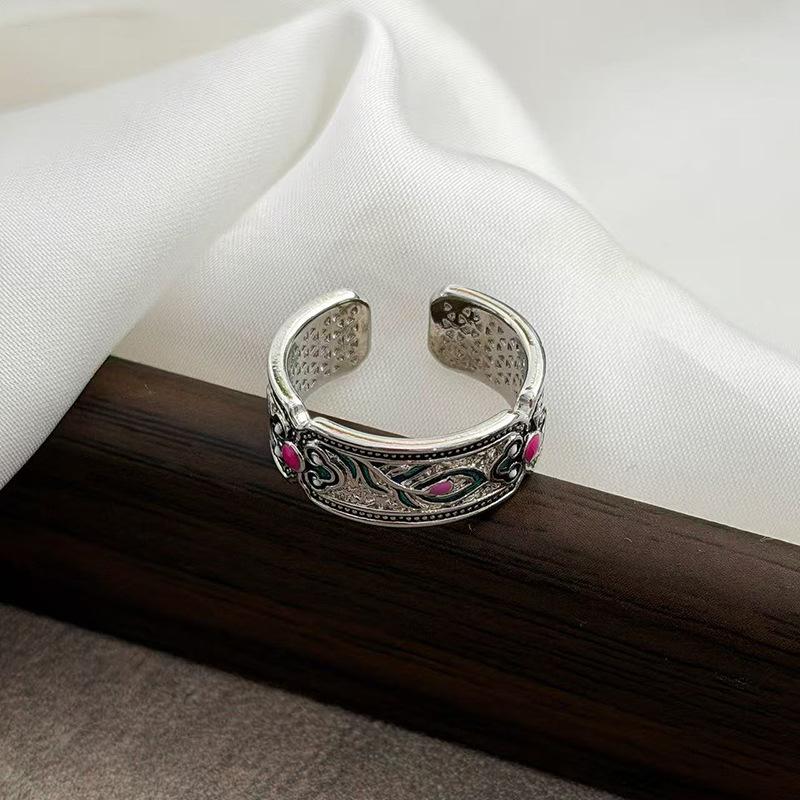 Ethnic Style Retro Enamel Phoenix Feather Open Ring Niche Design Key High-End Sense Stacking Wearing Index Finger Ring Woman