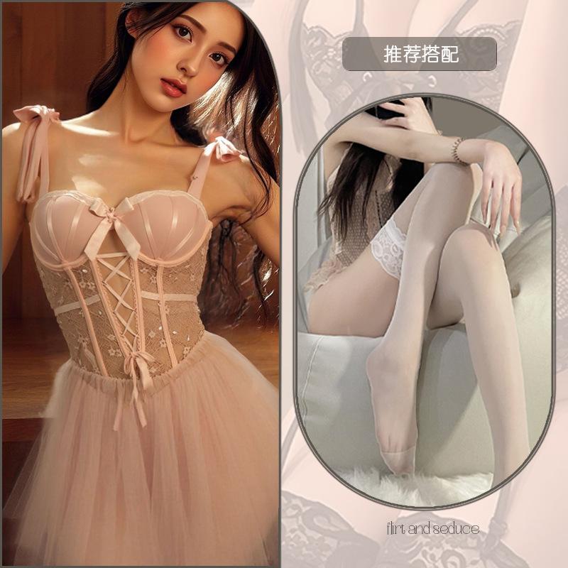 Sexy lingerie slim mesh perspective plus chest pad steel ring gathering women's suspender sex nightdress set